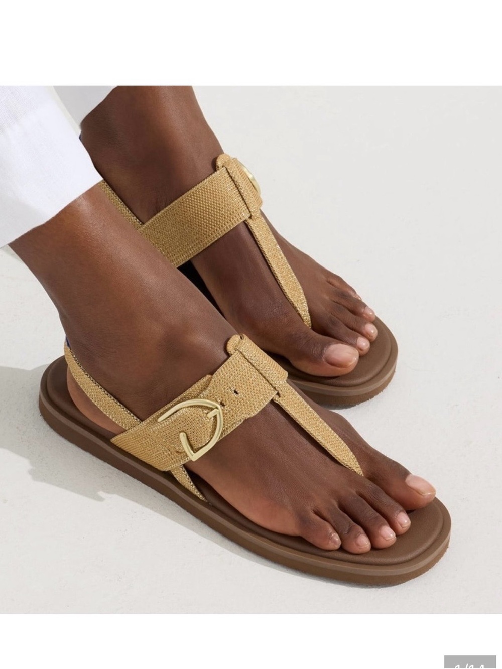 Rothy's Gold T-Strap Sandal with Buckle, Golden Sun, 6.5